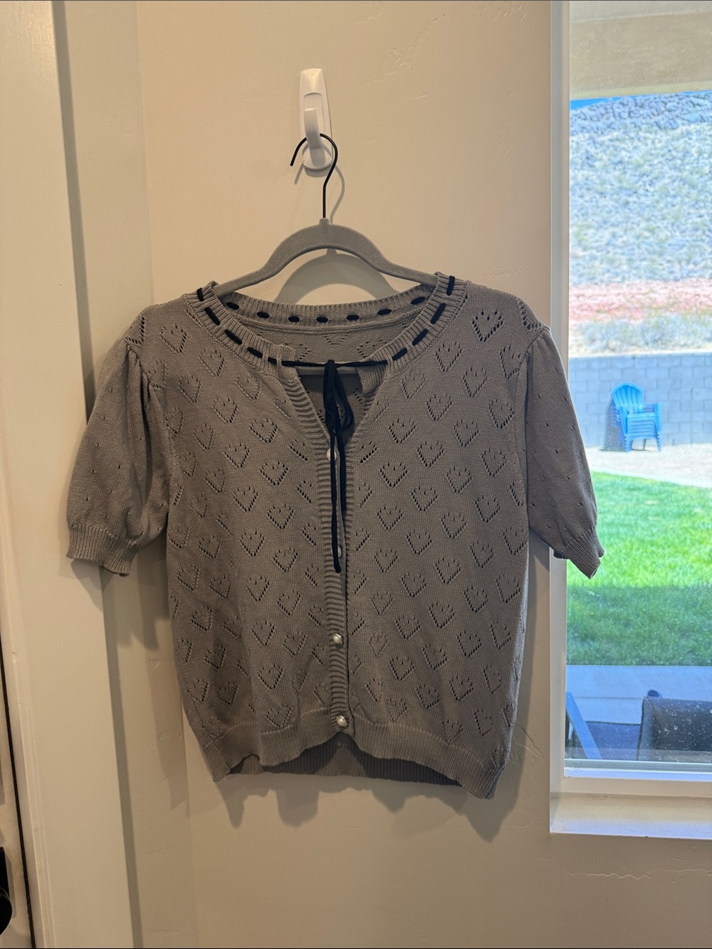 Grey Short Sleeve Knit Cardigan with Ribbon Tie